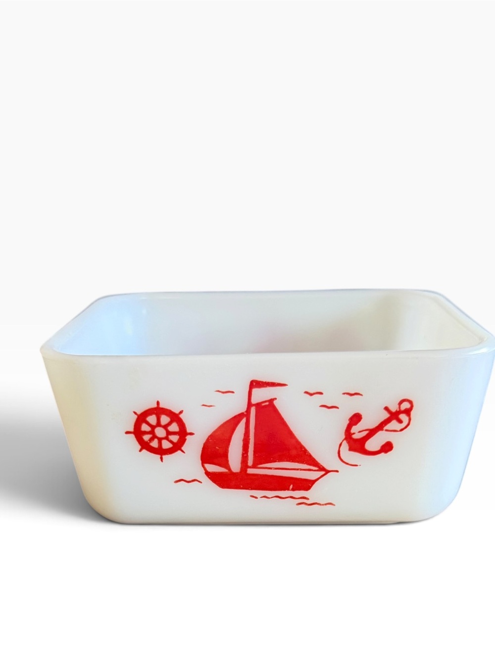 McKee Glass Company Red Sailboat Fridgie Dish Milk Glass Dish Vintage 30’s 40’s